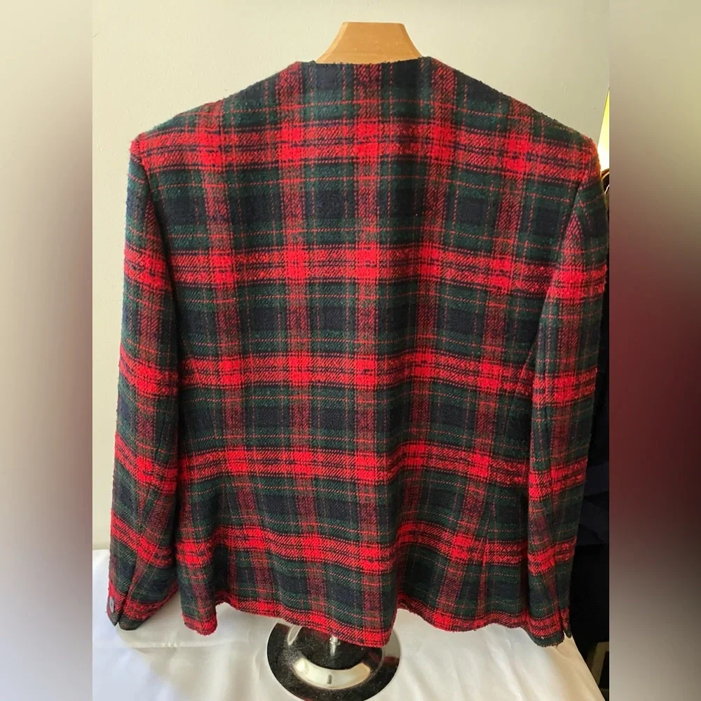 Talbots 80's Vintage Preppy Plaid Wool Blend Tweed Collarless Blazer Jacket 12 - Picture 2 of 3